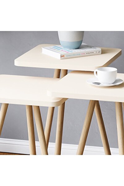 interGO Üçlü Zigon Sehpa Ahşap Ayaklı Kare Tasarım Krem