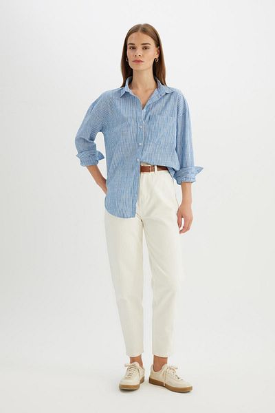 DeFacto Long Sleeve Striped Oversize Linen Shirt - D2947Ax24Sm