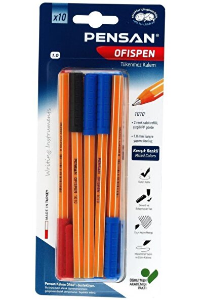 Pensan 1010 Ofispen Tükenmez Kalem 1 Mm Mavi-siyah-kırmızı (10 Lu Set) Pe01010tkkrmt10