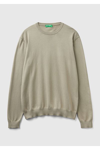 United Colors of Benetton Мъжки пуловер в цвят каки - 100% памук, кръгло деколте