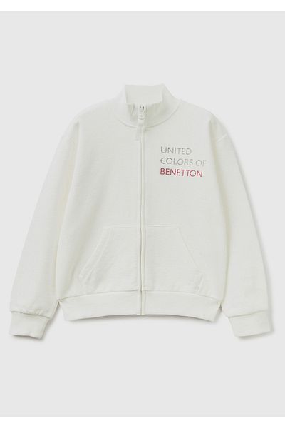 United Colors of Benetton Girl's Cream Slogan Printed Stand Collar Sweatshirt Cream