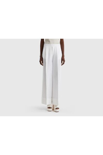 United Colors of Benetton Croială largă din in alb - Pantaloni cu talie elastică