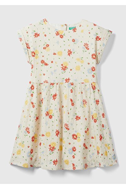 United Colors of Benetton Rochie pentru fete, crem, cu nasturi la spate, cu d...