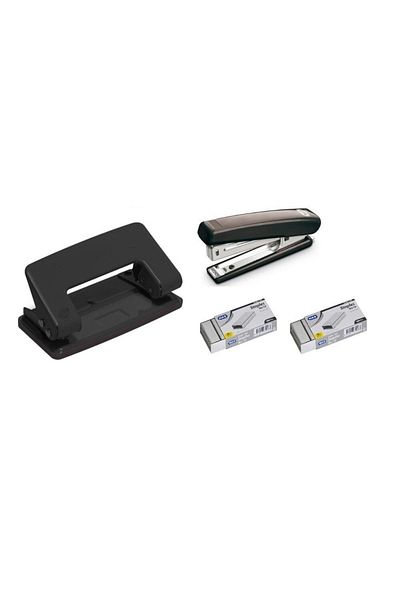 Mas Black Stapler and Hole Punch Set (15 Sheet Capacity - 2000 Pieces Staple Wire Gift)