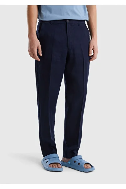 United Colors of Benetton Men's Dark Navy - 100% Linen Trousers