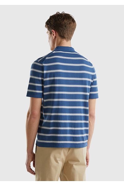 United Colors of Benetton Tricou pentru bărbați, albastru noapte, 100% bumbac, cu dungi cu 3 nasturi, cu gât polo