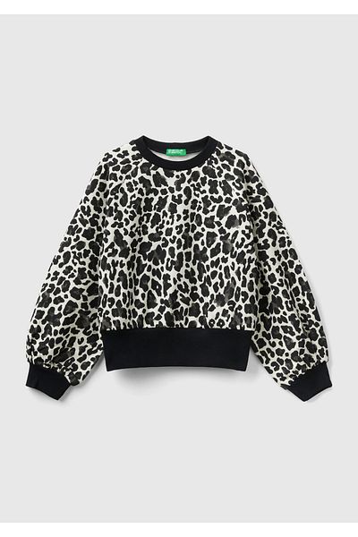 United Colors of Benetton Hanorac crop cu mânecă cu balon cu imprimeu leopard alb-negru pentru fete