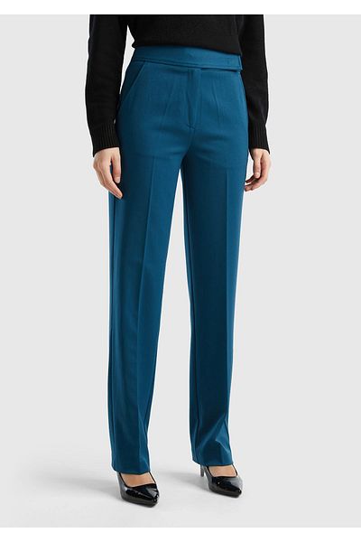 United Colors of Benetton Petrol Blue Viscous Women's Trousers - Thick Band and Pockets