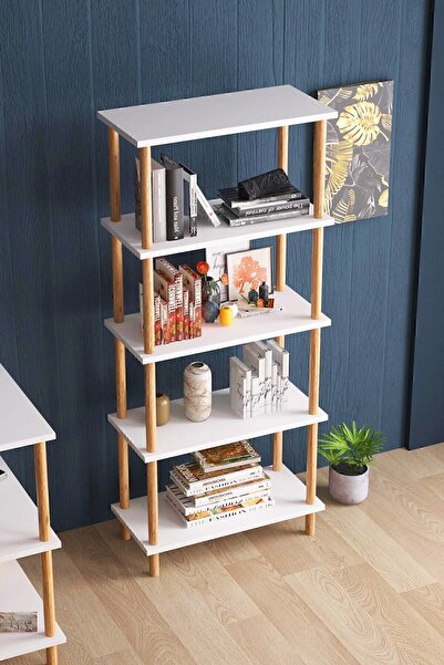 interGO Dekoratif 5 Raflı Ahşap Ayaklı Kitaplık - Beyaz