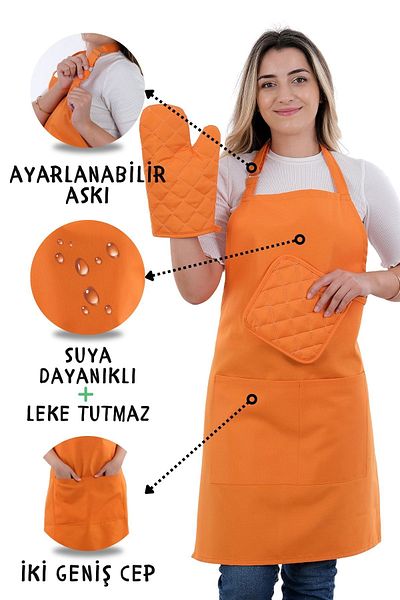 sevilya 3-Piece Simple Set Kitchen Apron with Adjustment Hanger - GLOVES, GRIPS