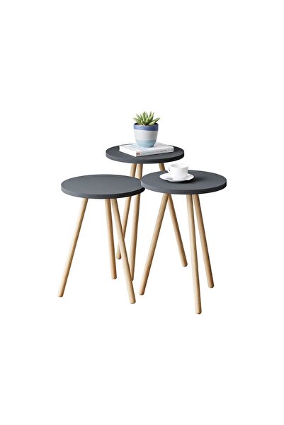 interGO Renkli Üçlü Zigon Sehpa Ahşap Ayaklı Yuvarlak Pastel Tasarım Gri