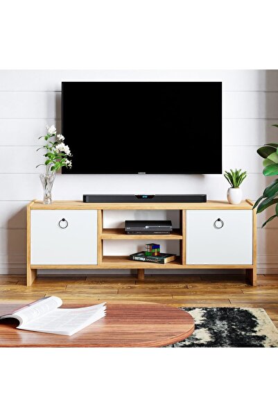 interGO Tv Sehpası Kapaklı Raflı Tv Ünitesi Televizyon Sehpası - Atlantik Çam - Beyaz