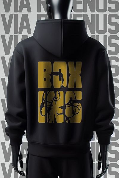 Vordevia Boxing Printed - 3 Thread Wide Fit Black Hooded Sweatshirt