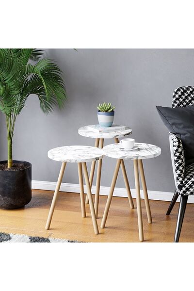 interGO Üçlü Zigon Sehpa Ahşap Ayaklı Yuvarlak Mermer Desenli Tasarım Efes