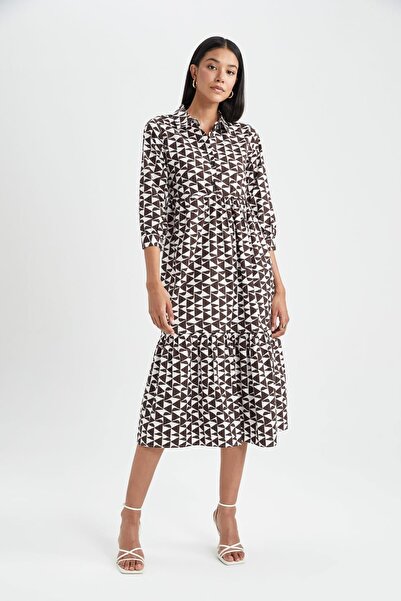 DeFacto Миди рокля с яка и риза с принт от поплин - половин ръкав, 100% памук A6823Ax23Au