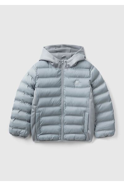 United Colors of Benetton Boys' Light Gray Puffa Coat with Logo