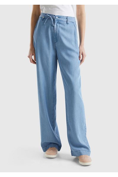 United Colors of Benetton Women's Blue 100% Lyocell Belt Perforated Waist Drawstring Wide Leg Trousers