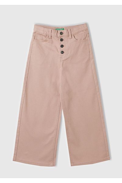 United Colors of Benetton Girl's - Powder Color Wide Leg Trousers with Belt and Button Closure