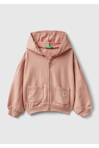 United Colors of Benetton Μπεζ φούτερ για κορίτσια - Λεπτομέρεια με λογότυπο, με φερμουάρ και με κουκούλα