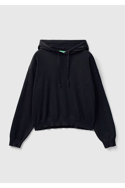 United Colors of Benetton Hanorac negru din tricotaj - 100% bumbac, cu glugă și șnur