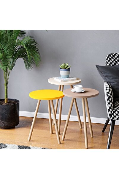interGO Renkli Üçlü Zigon Sehpa Ahşap Ayaklı Yuvarlak Pastel Tasarım Sarı Krem Cappuccino