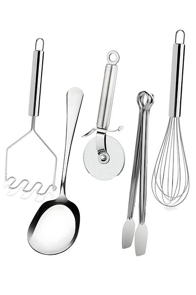 Selenica 5 Pieces Kitchen Utensils Set - Potato Masher, Serving Spoon, Pizza Cutter, Grill Tongs, Wire Beater
