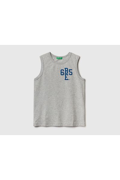 United Colors of Benetton Boy's Gray Melange Benetton Written Combed Tank Top