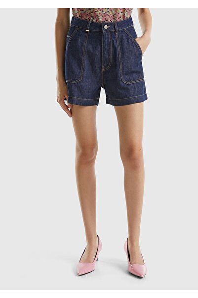 United Colors of Benetton شورت دينم عالي الخصر باللون الأزرق الداكن - 100% قط...