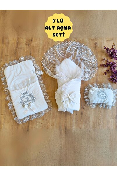Tomuycuk 3'lü Erkek Bebek Alt Açma Minderi Kundaklı Yastıklı Dantelli Yenidoğ...
