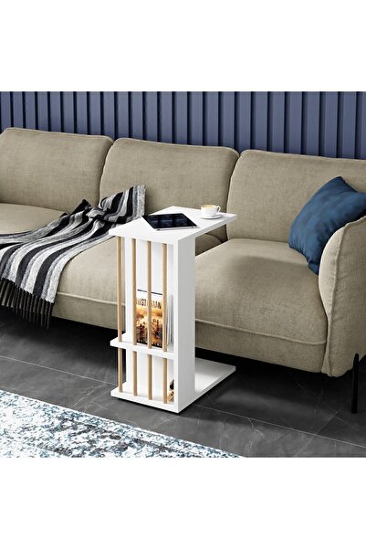 interGO Tekerlekli Yan Sehpa Koltuk Sehpası C Sehpa Zigon Sehpa Servis Sehpası - Beyaz