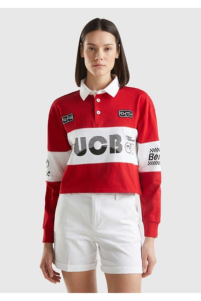 United Colors of Benetton Hanorac crop cu gât polo roșu - 100% bumbac, imprimat cu logo
