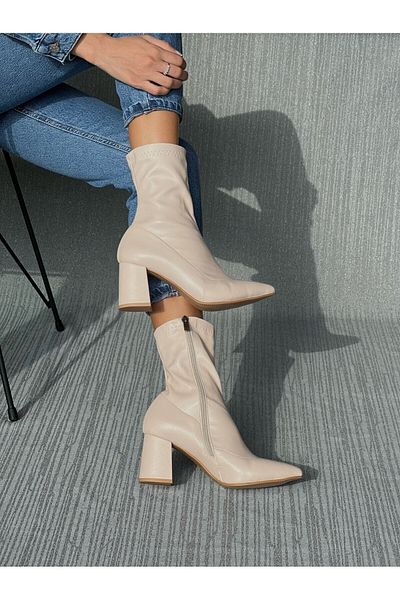 Ömer Ediz Shoes Μπεζ Stretch μποτάκια με χοντρό τακούνι