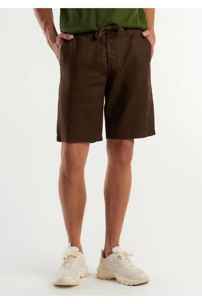United Colors of Benetton Λινά Βερμούδες - Ανδρικά, Σκούρο Καφέ, Κορδόνια