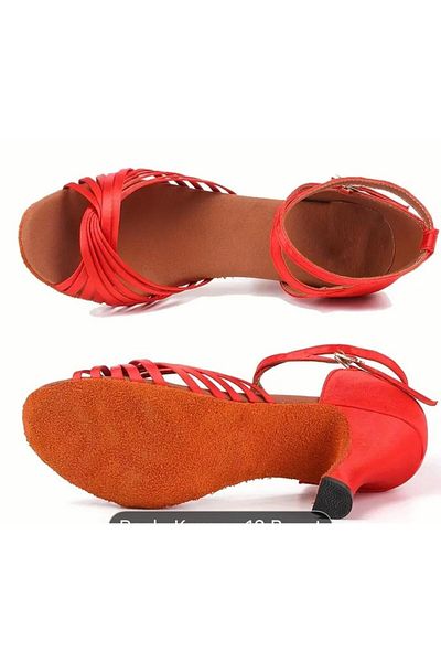 SUNA Salsa Dance Shoes - Red Satin, 7 cm Goblet Heel