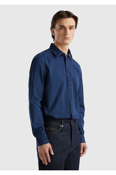 United Colors of Benetton Мъжка индигова деним риза с нормална кройка, 100% памук