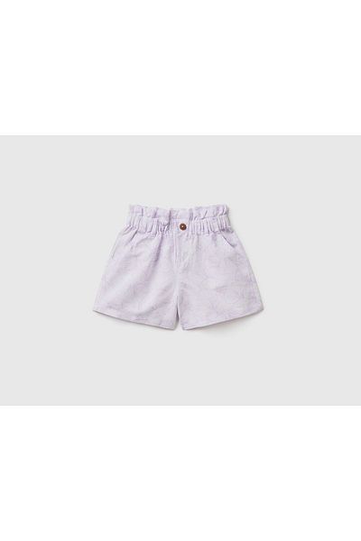 United Colors of Benetton Gemusterte Paperbag-Shorts aus Leinenmischung in Weiß für Mädchen