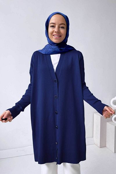 Ka Hijab Cardigan Hijab Mercerizat cu nervuri - Bleumarin