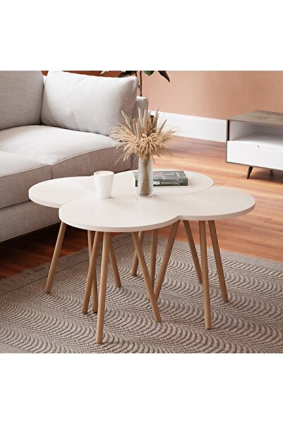 interGO Orta Sehpa Dörtlü Zigon Ahşap Ayaklı - Beyaz