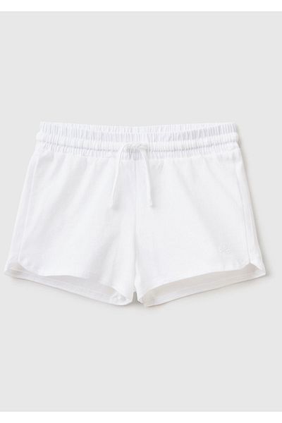 United Colors of Benetton Girl's White Mini Shorts with Logo Embroidered on the Front and Drawstring Waist