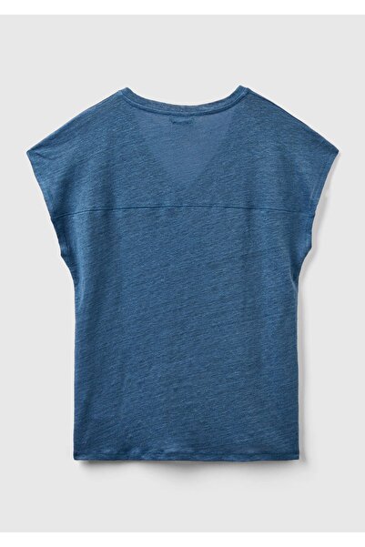 United Colors of Benetton Γυναικείο μπλουζάκι Midnight Blue 100% λινό Άνετη Εφαρμογή με βαθύ V λαιμόκοψη αμάνικο μπλουζάκι