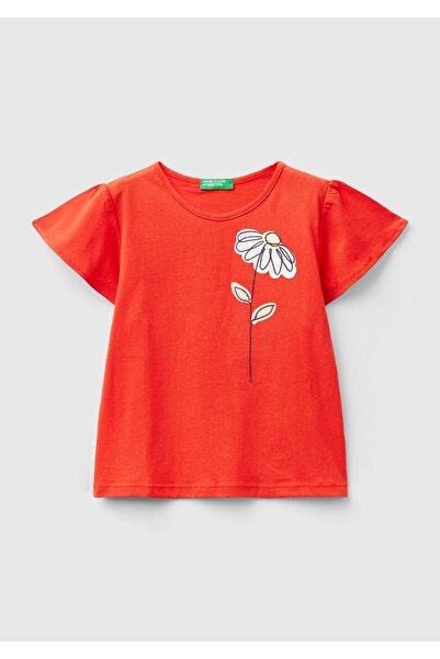United Colors of Benetton Red Embroidered Girl's T-Shirt - Bell Sleeve
