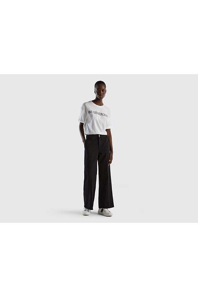 United Colors of Benetton Black Denim Women's Trousers - Elastic Waist and Wide Leg