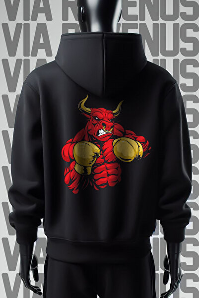 Vordevia Bull Boxing 3 Thread Wide Mold - Hanorac negru cu glugă cu imprimeu ...