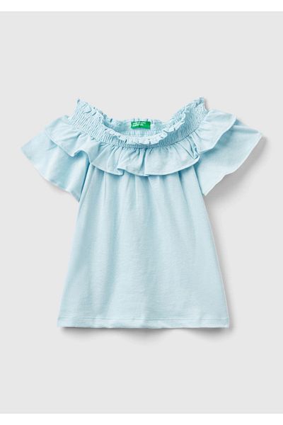 United Colors of Benetton Ανοιχτό μπλε βολάν - Μπλουζάκι για κορίτσια με λαιμόκοψη