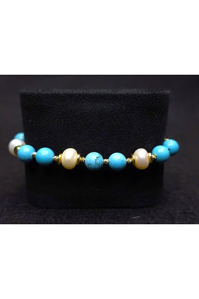 Yüksel Boncuk Natural Pearl and Turquoise Jewelled Bracelet