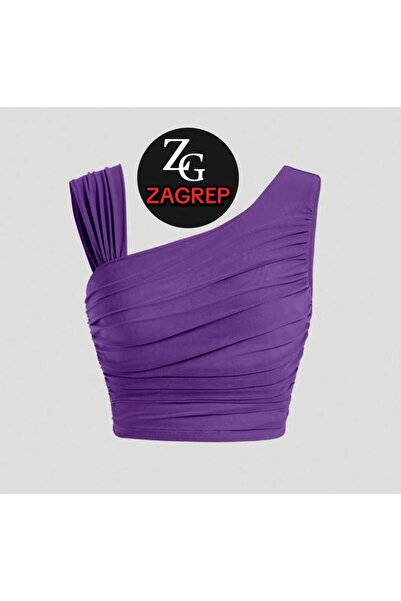 Zagrep Purple Crop Top - Invisible Silk Jersey with Shoulder Detail, Draped and Sleeves