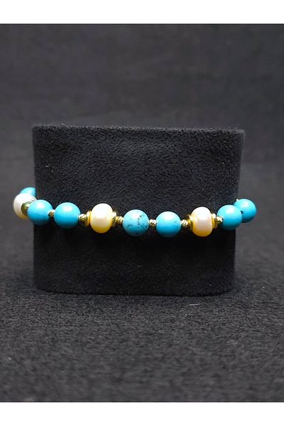 Yüksel Boncuk Natural Pearl and Turquoise Jewelled Bracelet