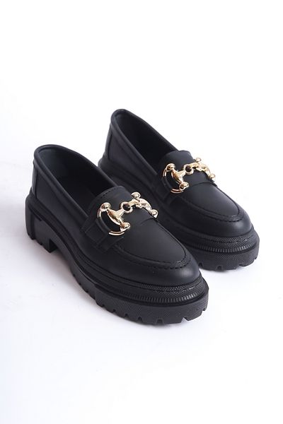 Moda Değirmeni Women's Loafer Shoes - Black, Gold Chain Buckle, Bg1095-113-0003