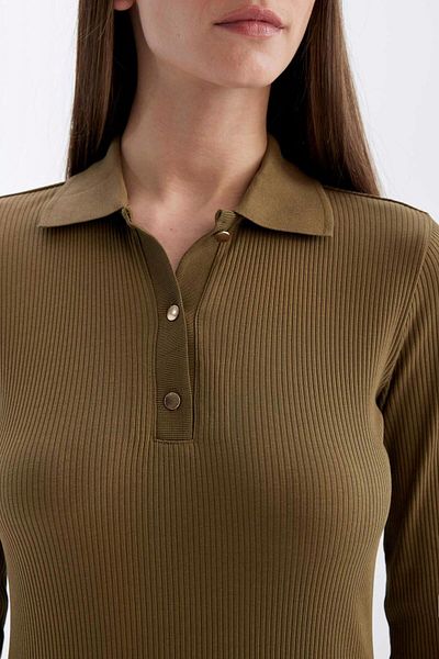 DeFacto Polo Neck Ribbed Camisole - Long Sleeve Midi Dress