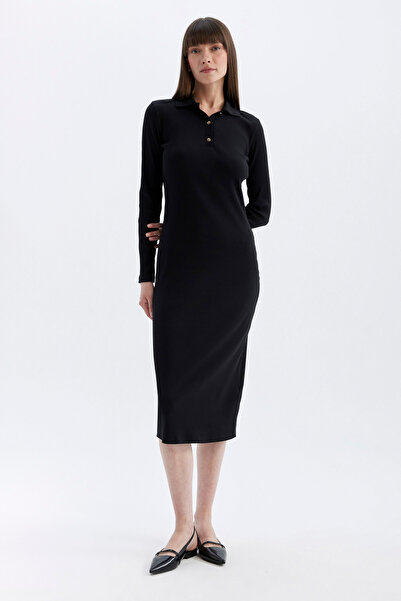 DeFacto Prążkowana koszulka na ramiączkach - dopasowana sukienka midi z golfem i długim rękawem